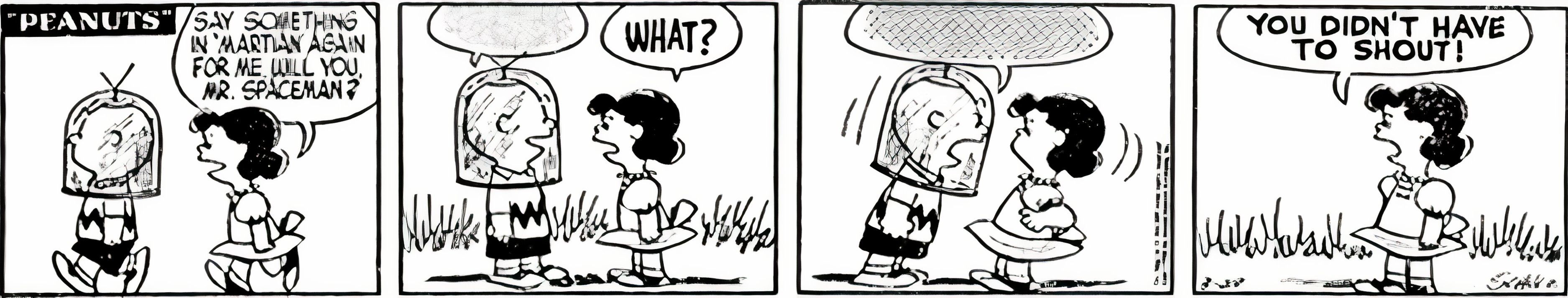 Peanuts, March 29, 1955, Charlie Brown yells at Lucy in 'Martian'