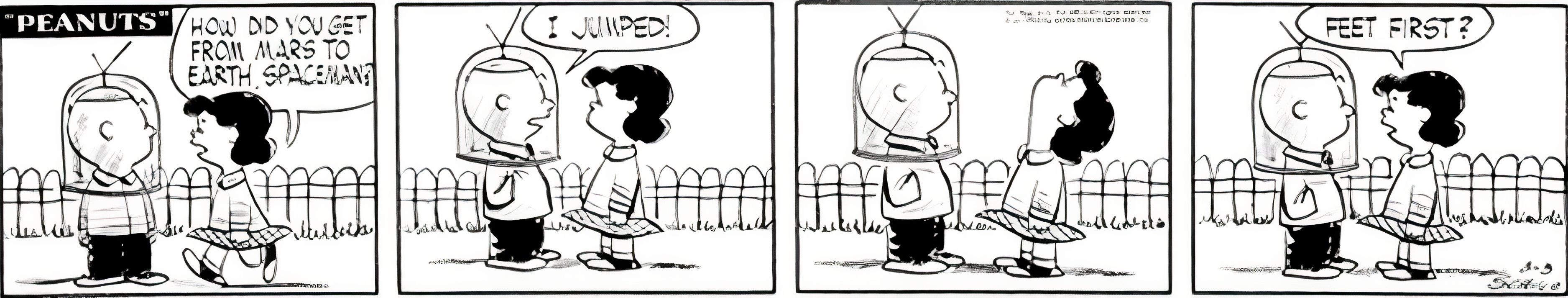 Peanuts, March 3, 1955, Charlie Brown tells Lucy he jumped from Mars to Earth