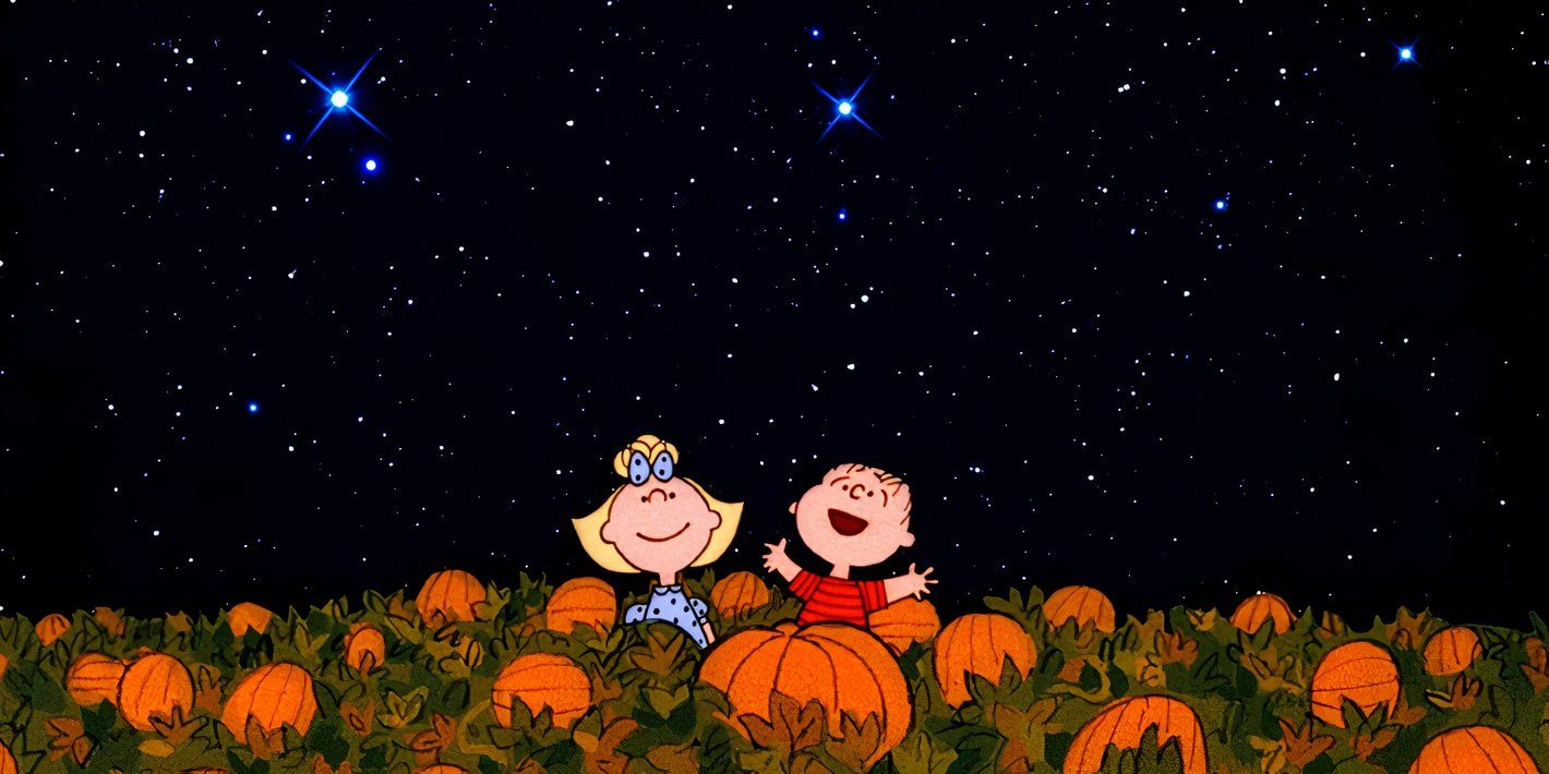 Peanuts, Sally and Linus sit in a pumpkin patch under the stars, awaiting the Great Pumpkin