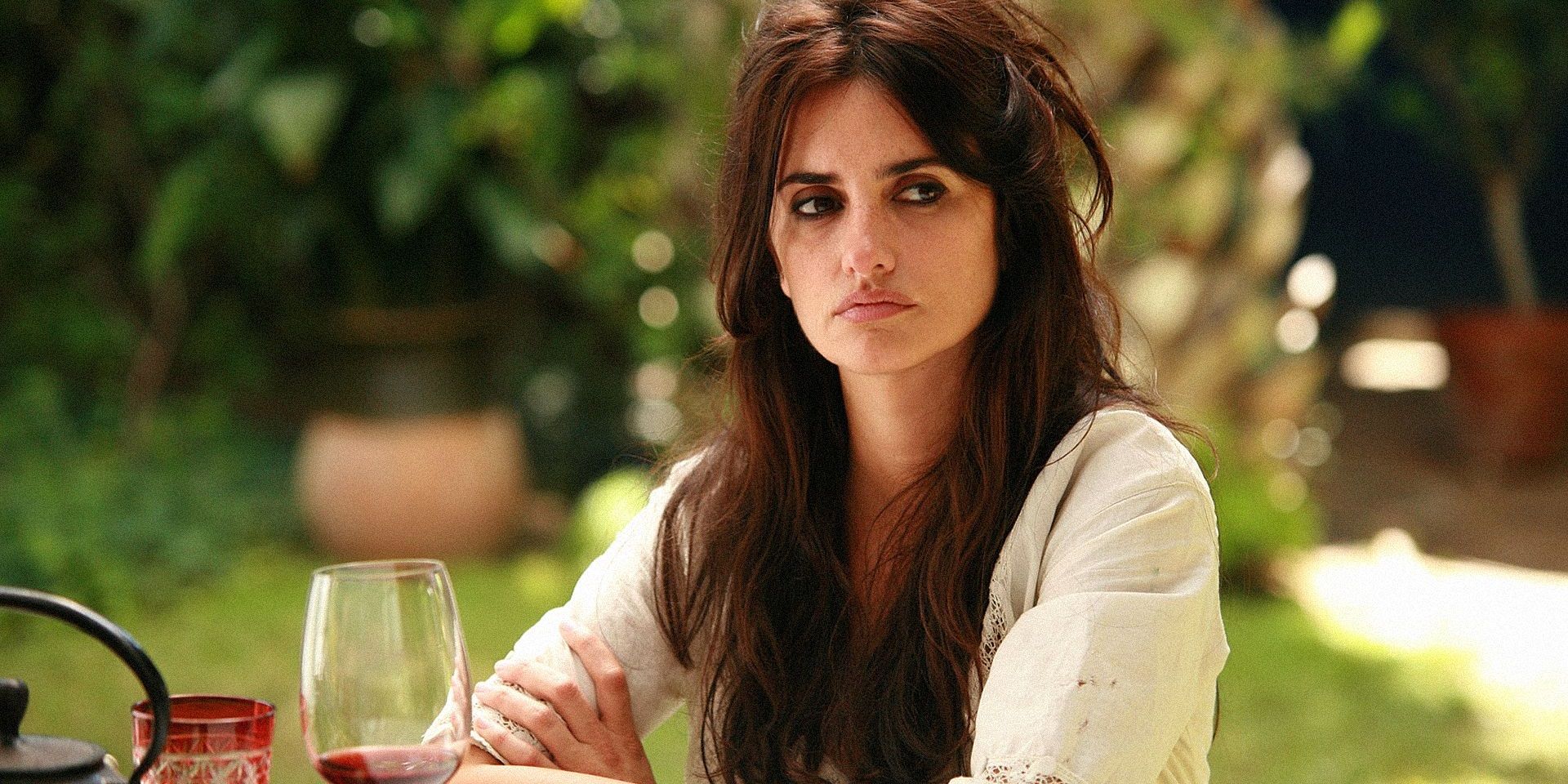 Penelope Cruz drinking wine at Vicky Cristina Barcelona