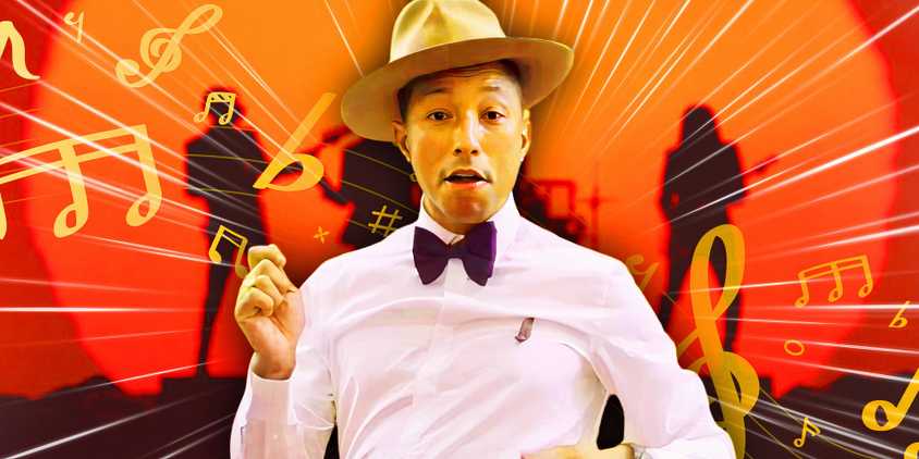 Pharrell Williams wears his iconic outfit from the Happy music video, edited over the silhouettes of the Get Lucky cover.