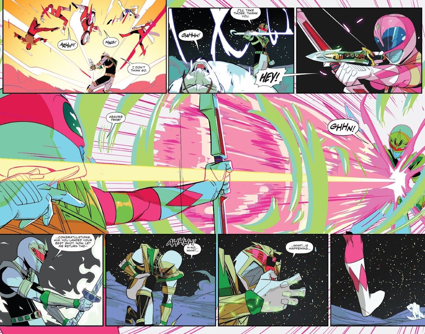 A Ranger Rosa Kimberly Ann Hart dispara a Adaga do Dragão com seu arco em Lord Drakkon em Mighty Morphin Power Rangers #30