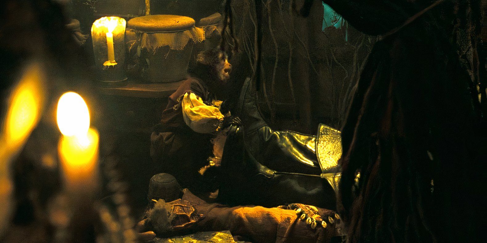 The undead monkey playing with Captain Barbosa's boots at Tia Dalma's house in Pirates of the Caribbean: Dead Man's Chest