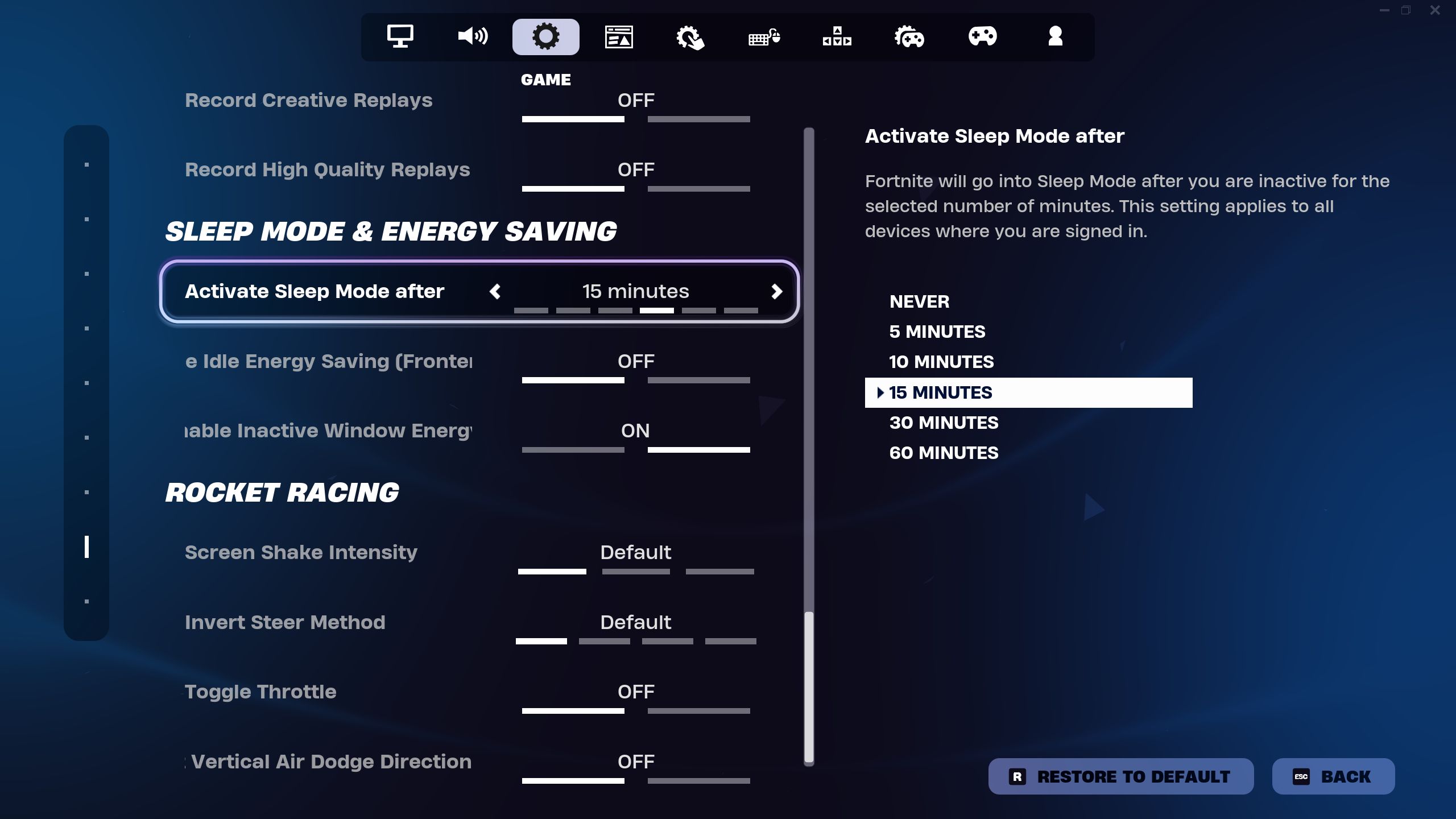 El jugador puede cambiar la configuración del temporizador de apagado en el menú de configuración de Fortnite.