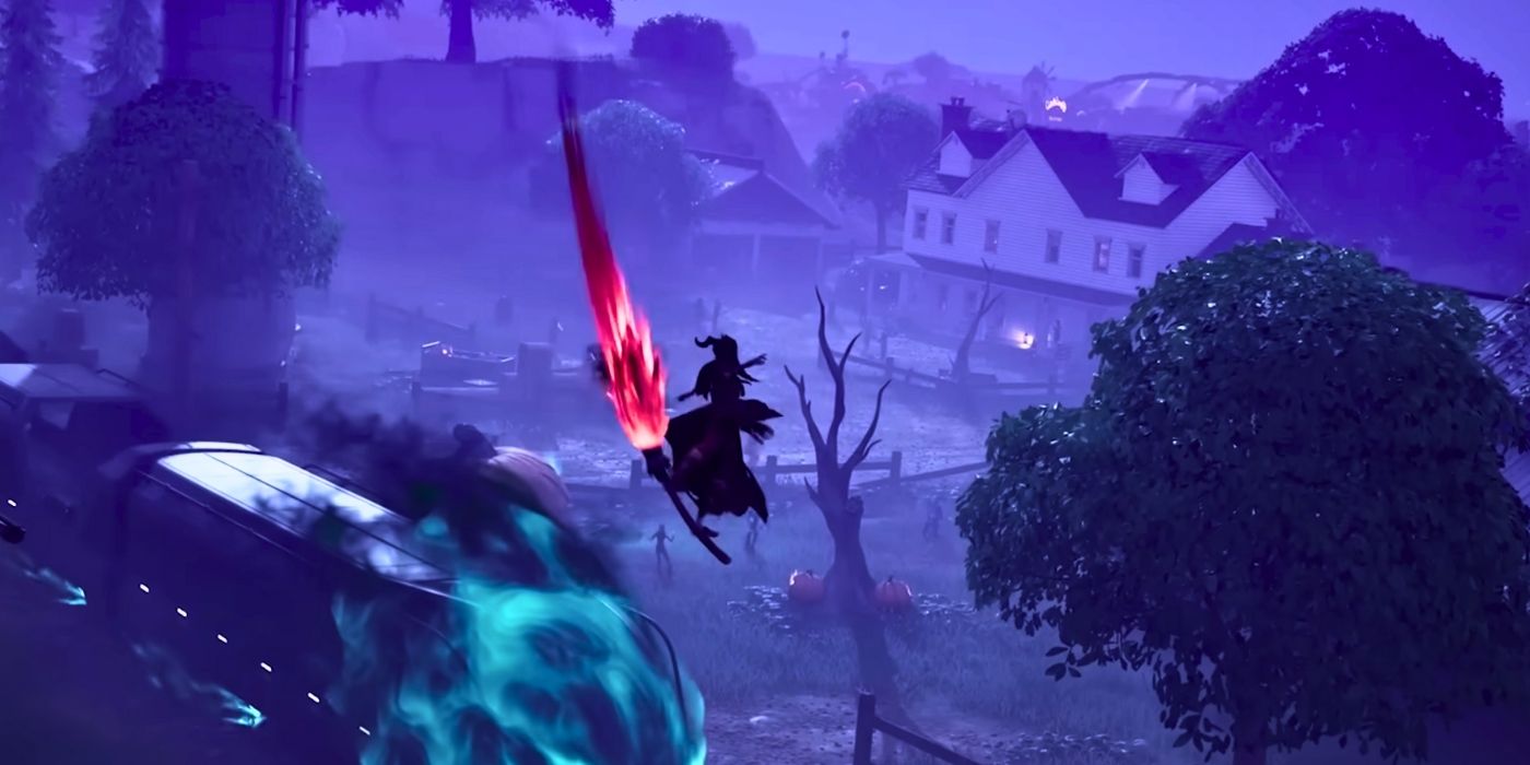 Un jugador montado en una escoba de bruja en Fortnite