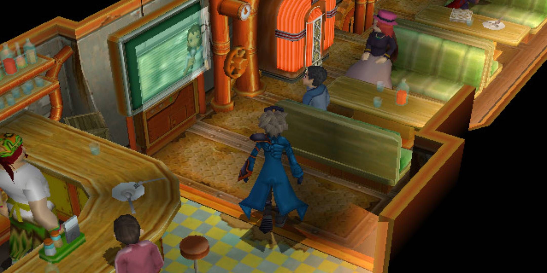 Wes from Pokemon Colosseum looking at a TV in a diner.