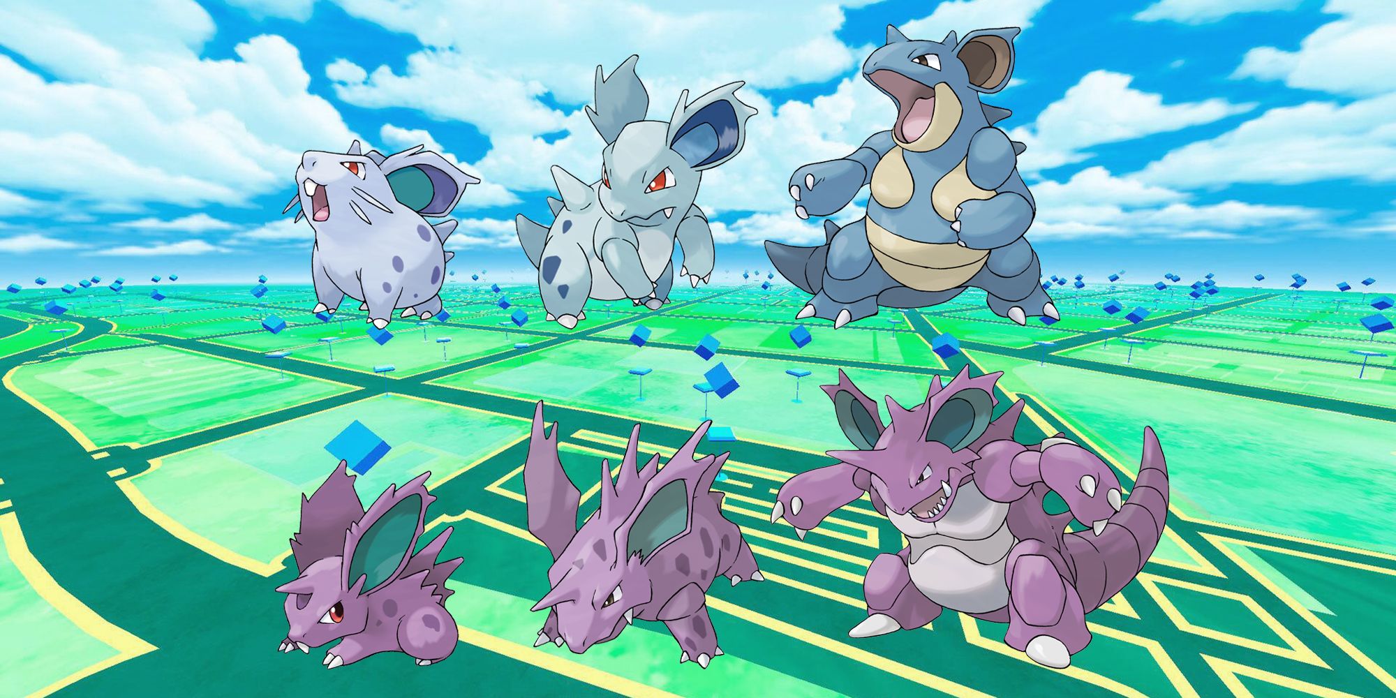 Ambas as versões do Nidoran e suas evoluções no mapa Pokémon GO