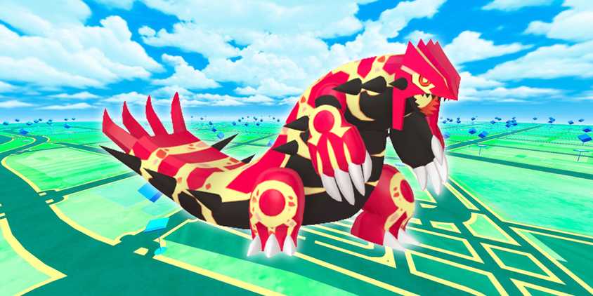 Primal Groudon on a Pokemon GO map background with green fields and a bright blue sky