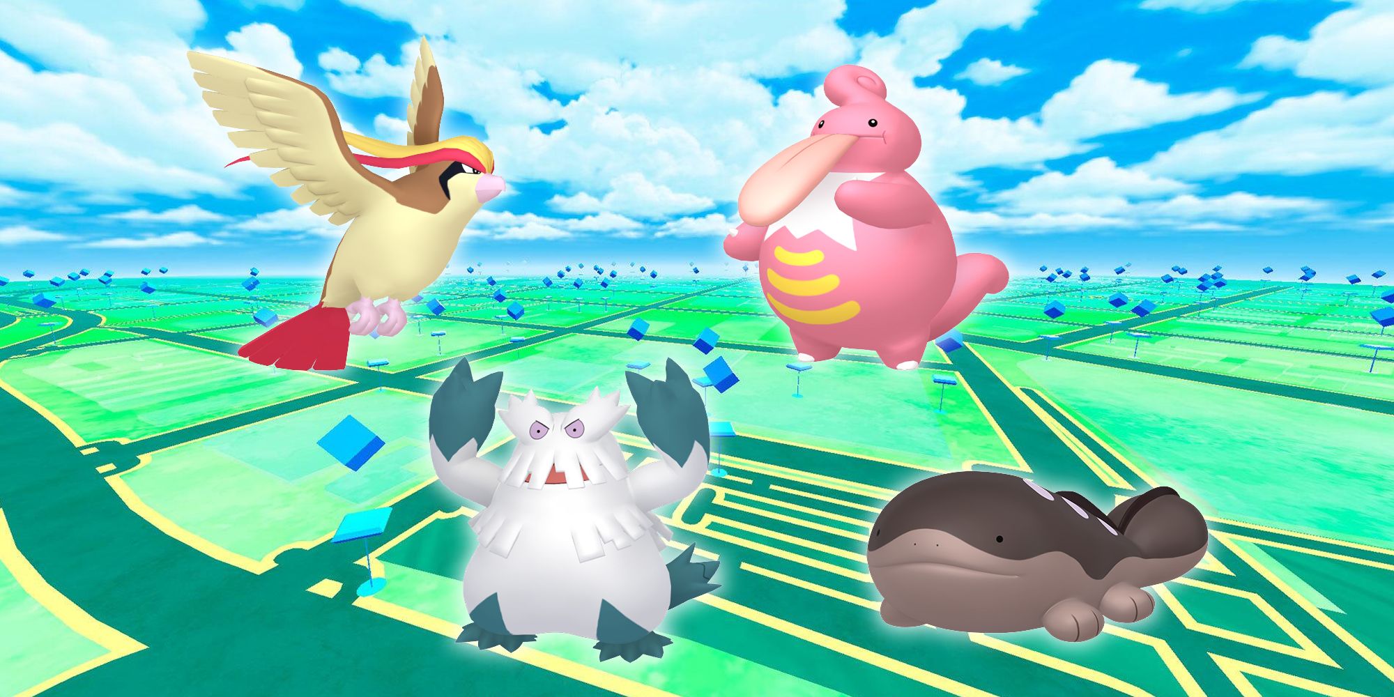 Pidgeot, Abomasnow, Lickilicky e Clodsire aparecendo no mapa Pokémon GO