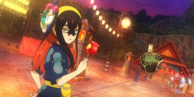 Carmine with a candy apple and her Sinistcha at the Kitakami festival.