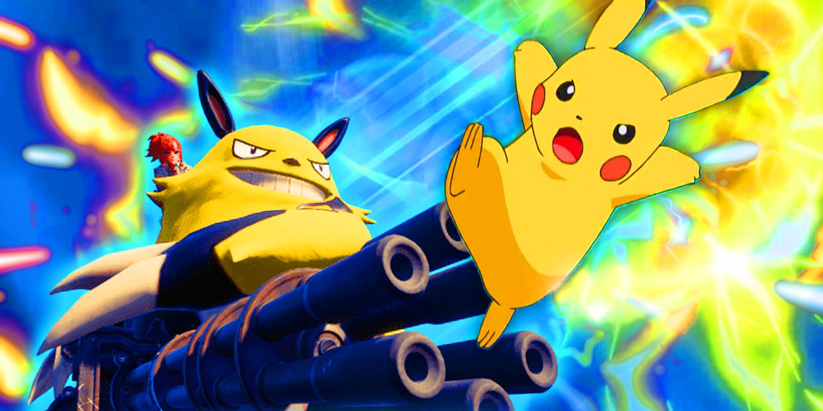 Pokémon's Pikachu fighting Grizzbolt from Palworld.