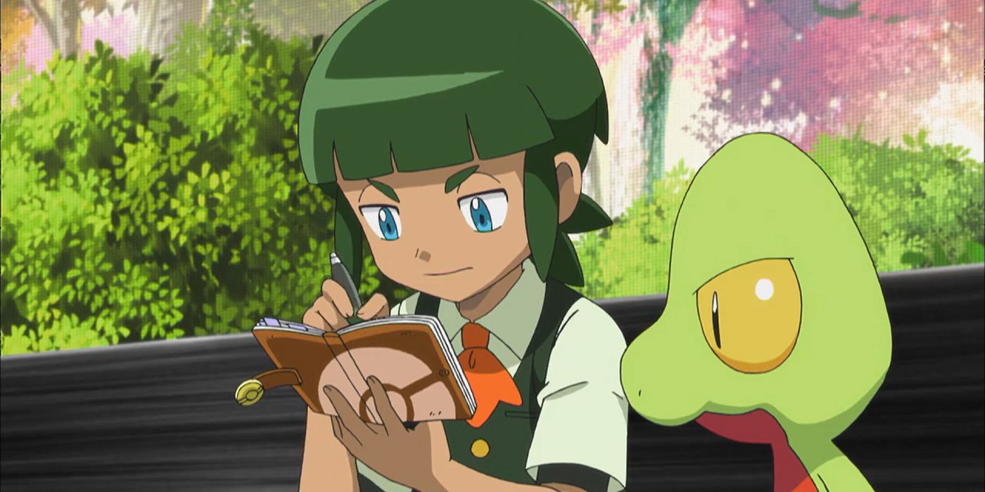 O rival de Ash, Sawyer, fazendo anotações ao lado de seu Treecko.