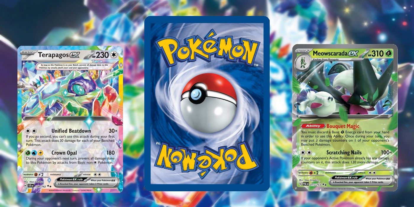 A Pokémon Trading Card Game card back accompanied by Terapagos ex and Meowscarada ex, with a blurred Stellar Form Terapagos in the background.