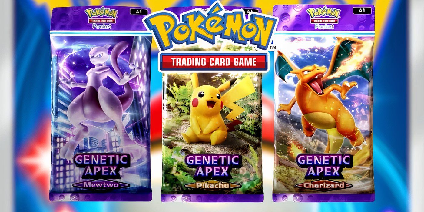 pokemon tcg pocketgenetic apex packs of their three types, pikachu, charizard, and mewtwo, with the tcg logo