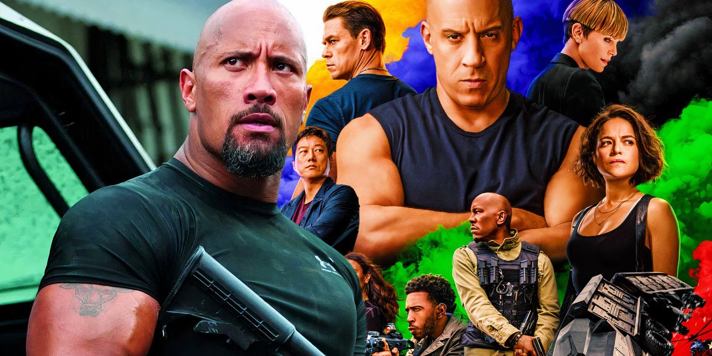 The poster for F9: A Fast Saga (2021) next to Dwayne Johnson as Luke Hobbs in Fast Five (2011)