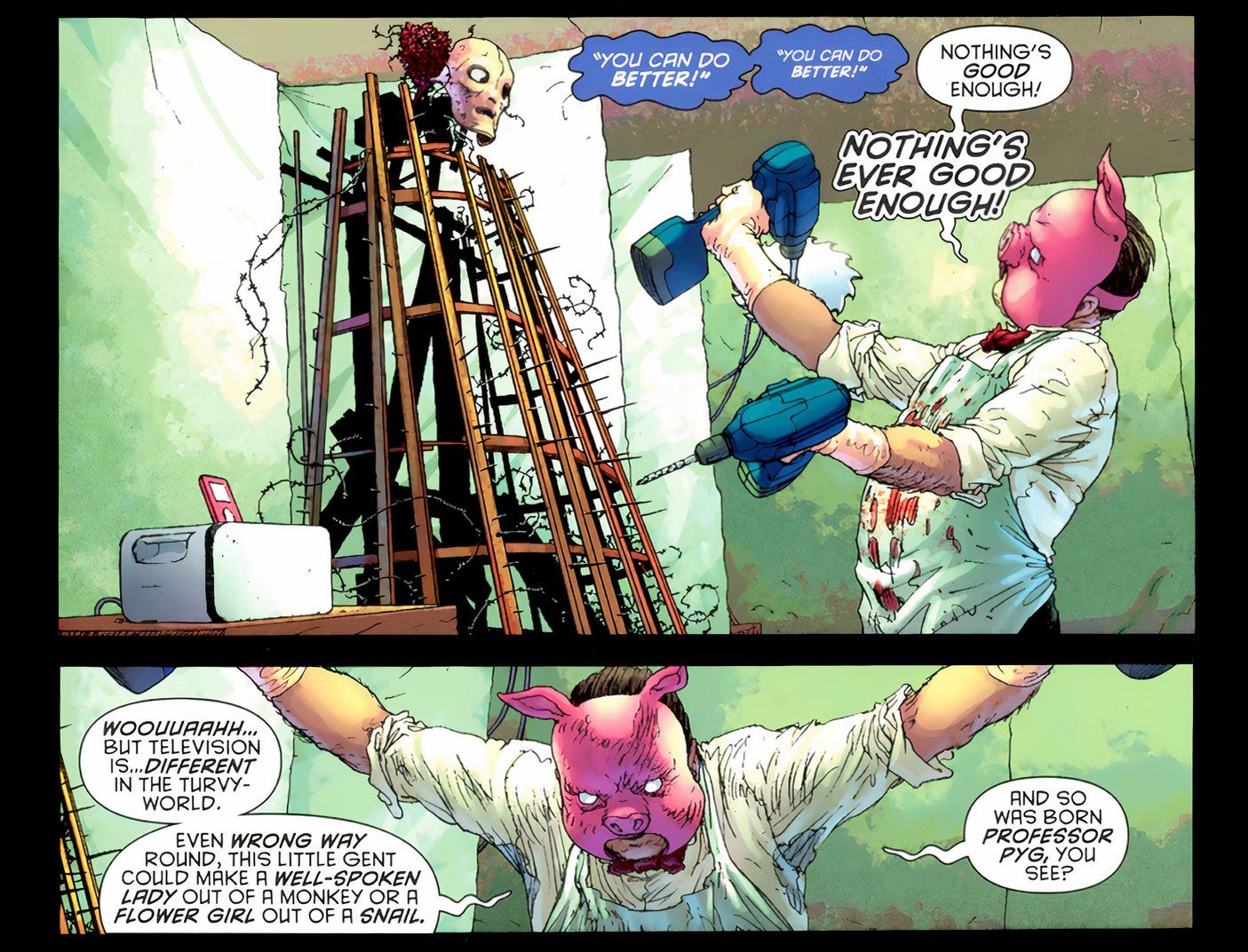 Paneles de cómics: el profesor Pyg trabaja con su madre simia.