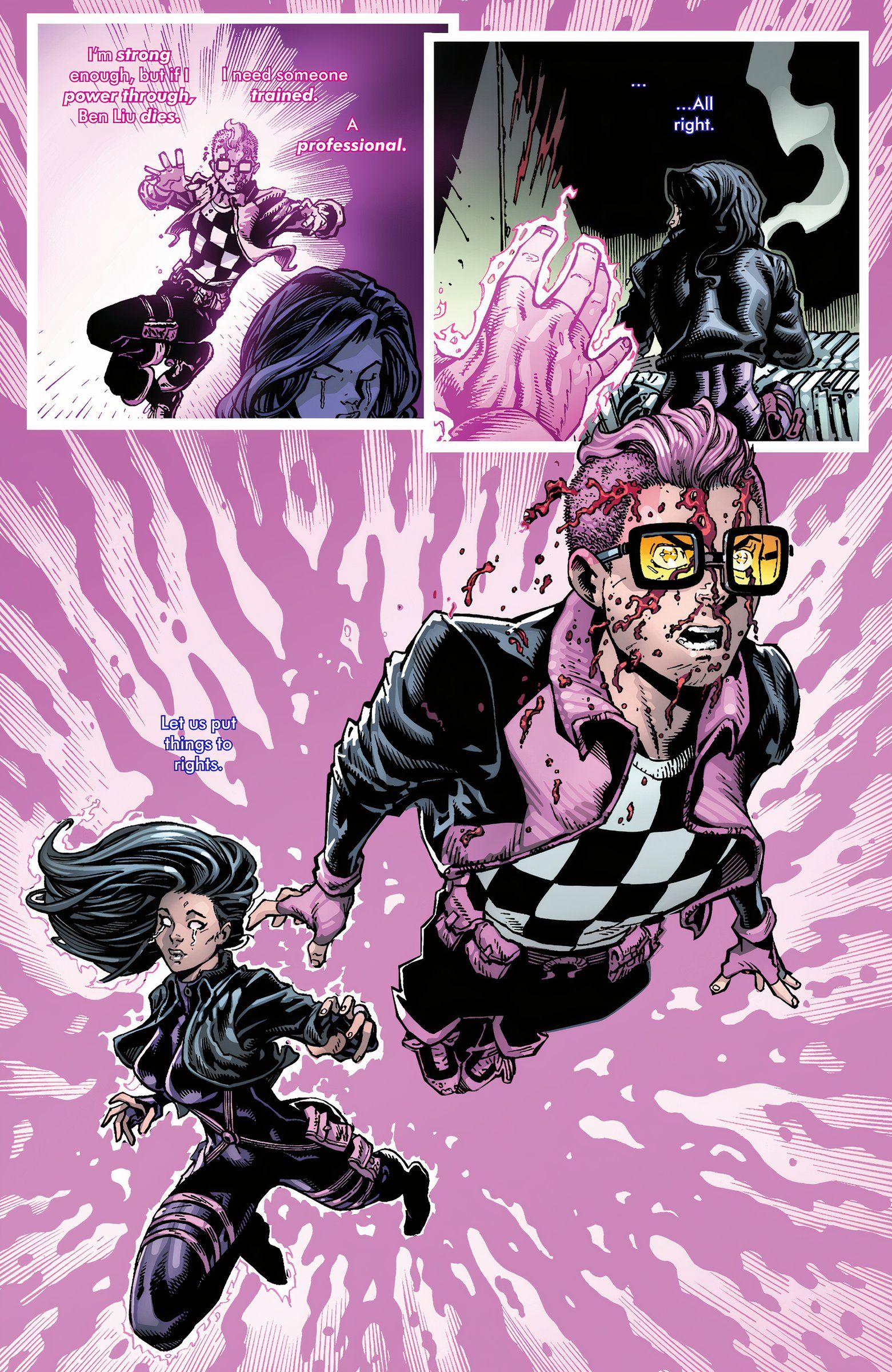 Página de quadrinhos: Psylocke e Kid Omega quebram a armadilha de Cassandra Nova.