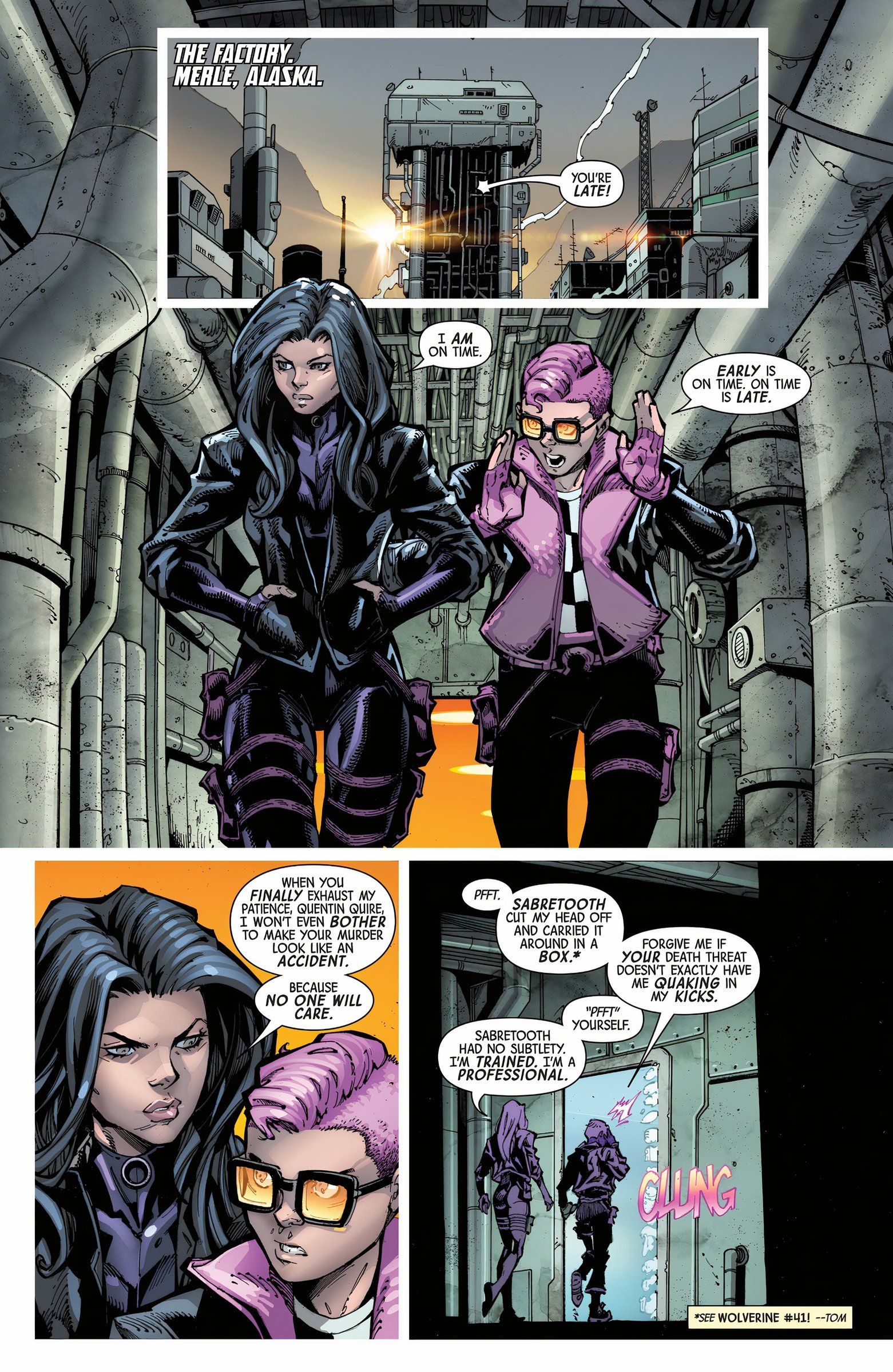 Página de quadrinhos Psylocke e Quentin Quire brigam enquanto caminham por sua sede.