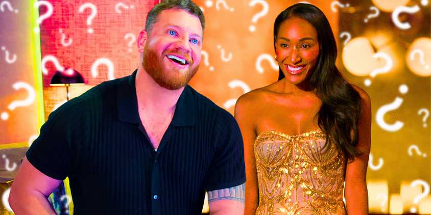 Stephen Richardson & Monica Davis from Love Is Blind Season 7 both smiling and with question marks in the background