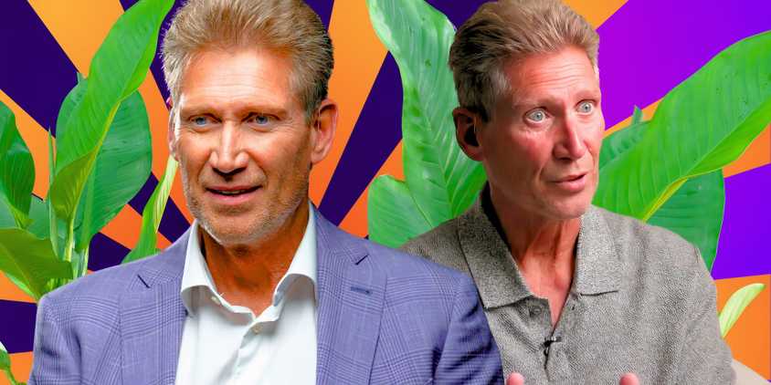 montage of Gerry Turner from The Golden Bachelor looking shady with a plant