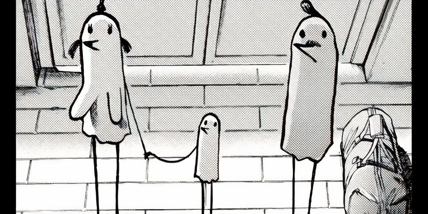 Punpun de mãos dadas com sua mãe e seu pai.