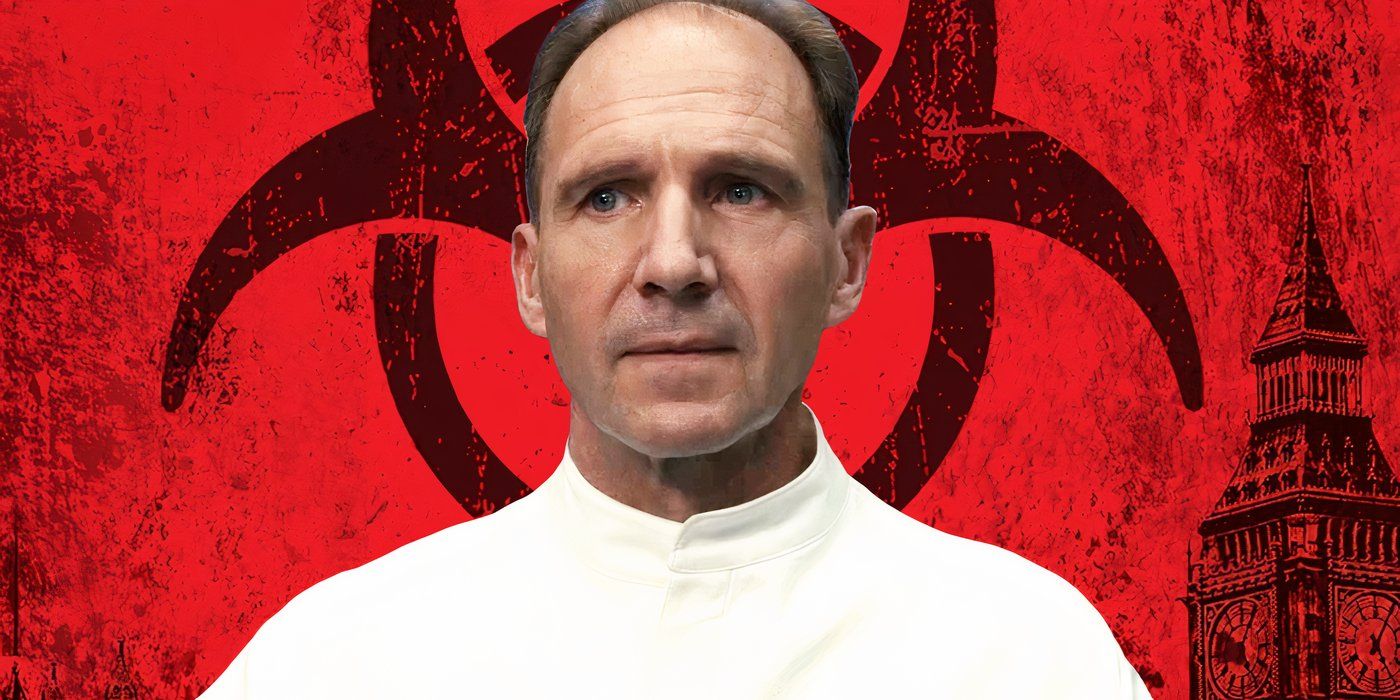 Ralph Fiennes from The Menu in front of the 28 Days Later logo