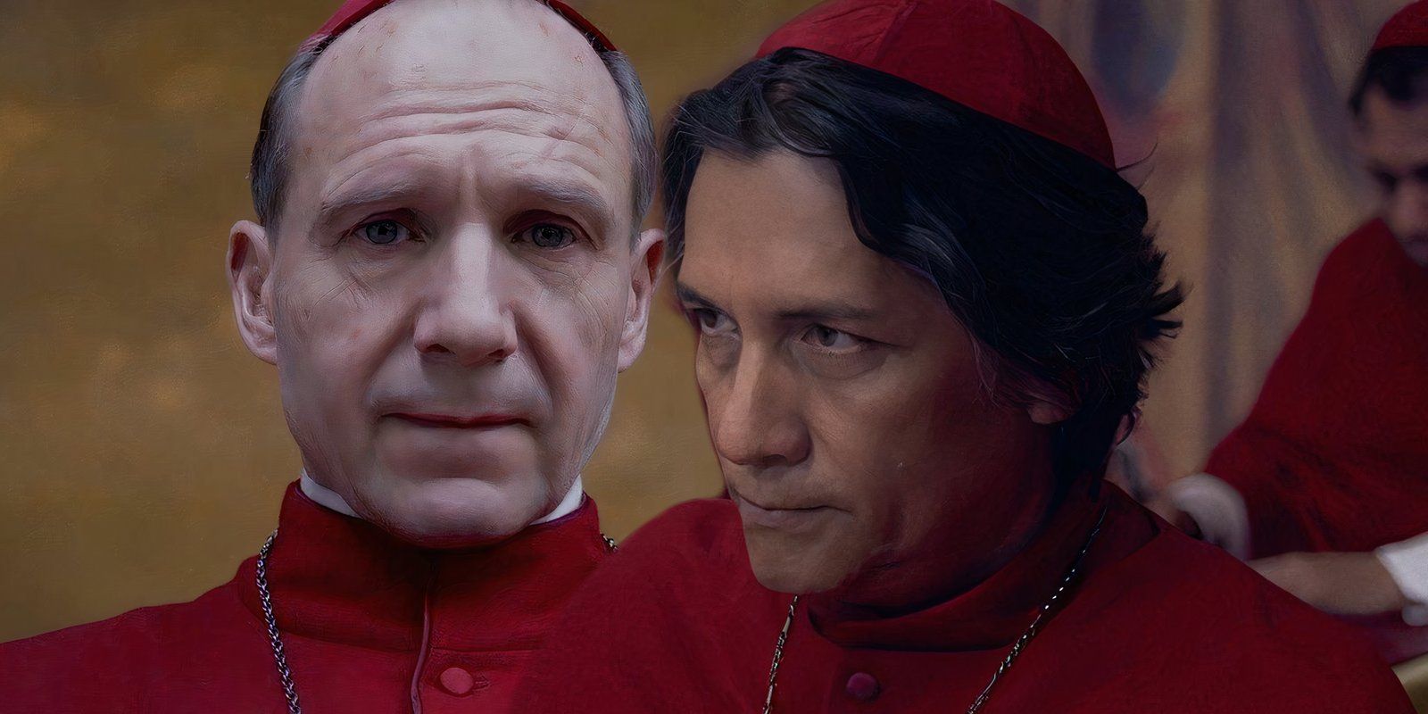 Ralph Fiennes looks stricken as Cardinal Lawrence next to Carlos Diehz looking serious as Cardinal Benitez in Conclave