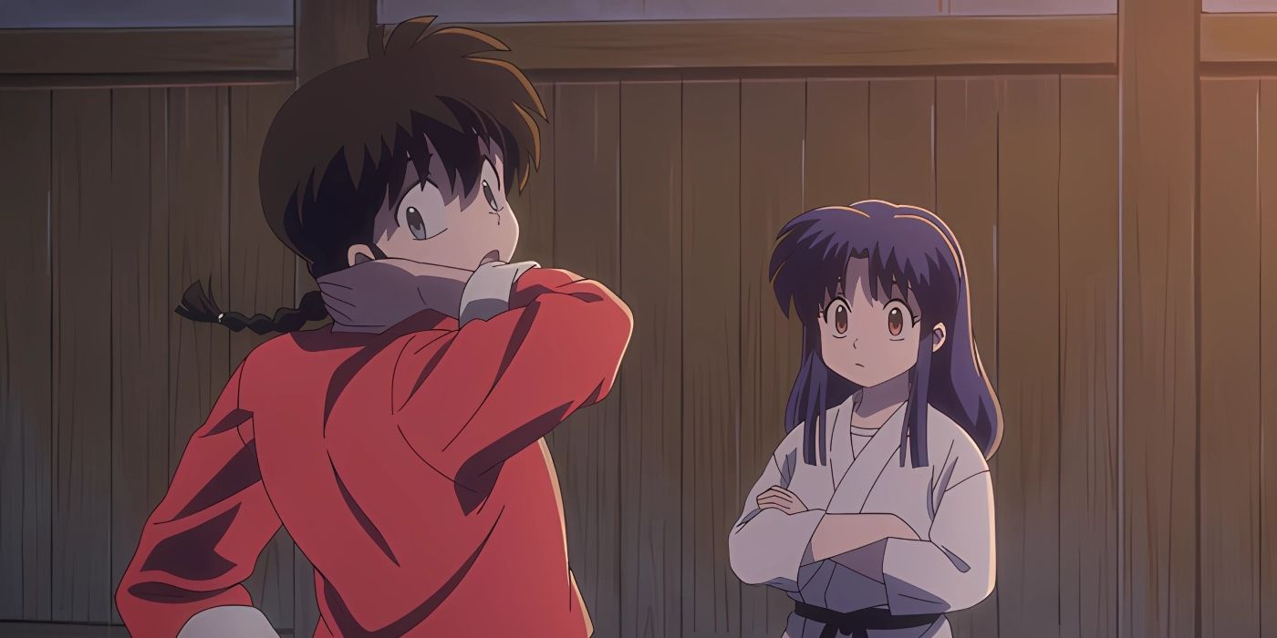 Ranma age de forma tímida perto de Akane, esfregando a nuca de nervosismo.