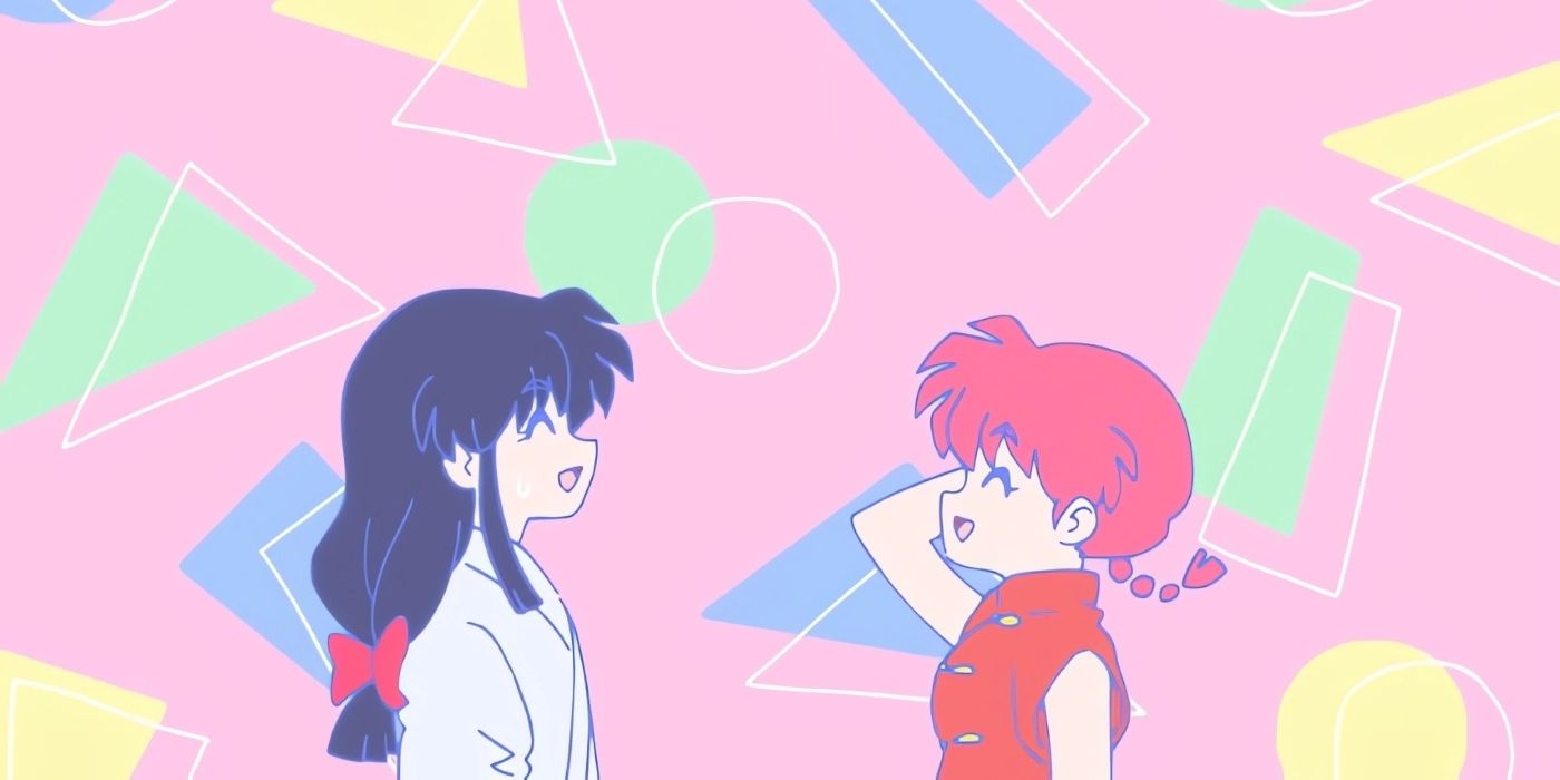 Ranma e Akane rindo juntos após a luta no episódio 1 do remake. 