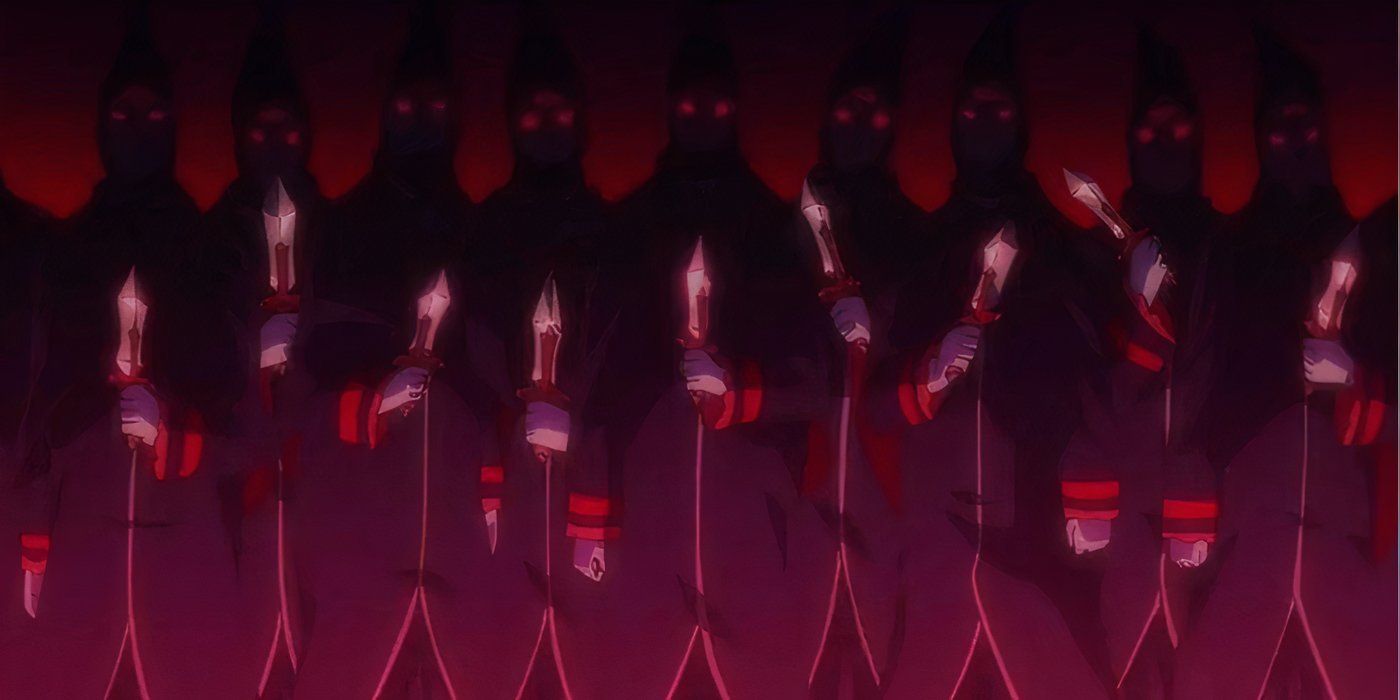 A row of Witch Cultists wearing the signature robe and holding up knives 