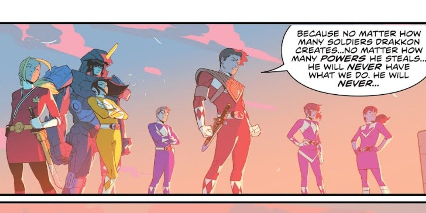 Comic book panel: Red Ranger Jason Lee Scott gives a speech in front of other rangers.