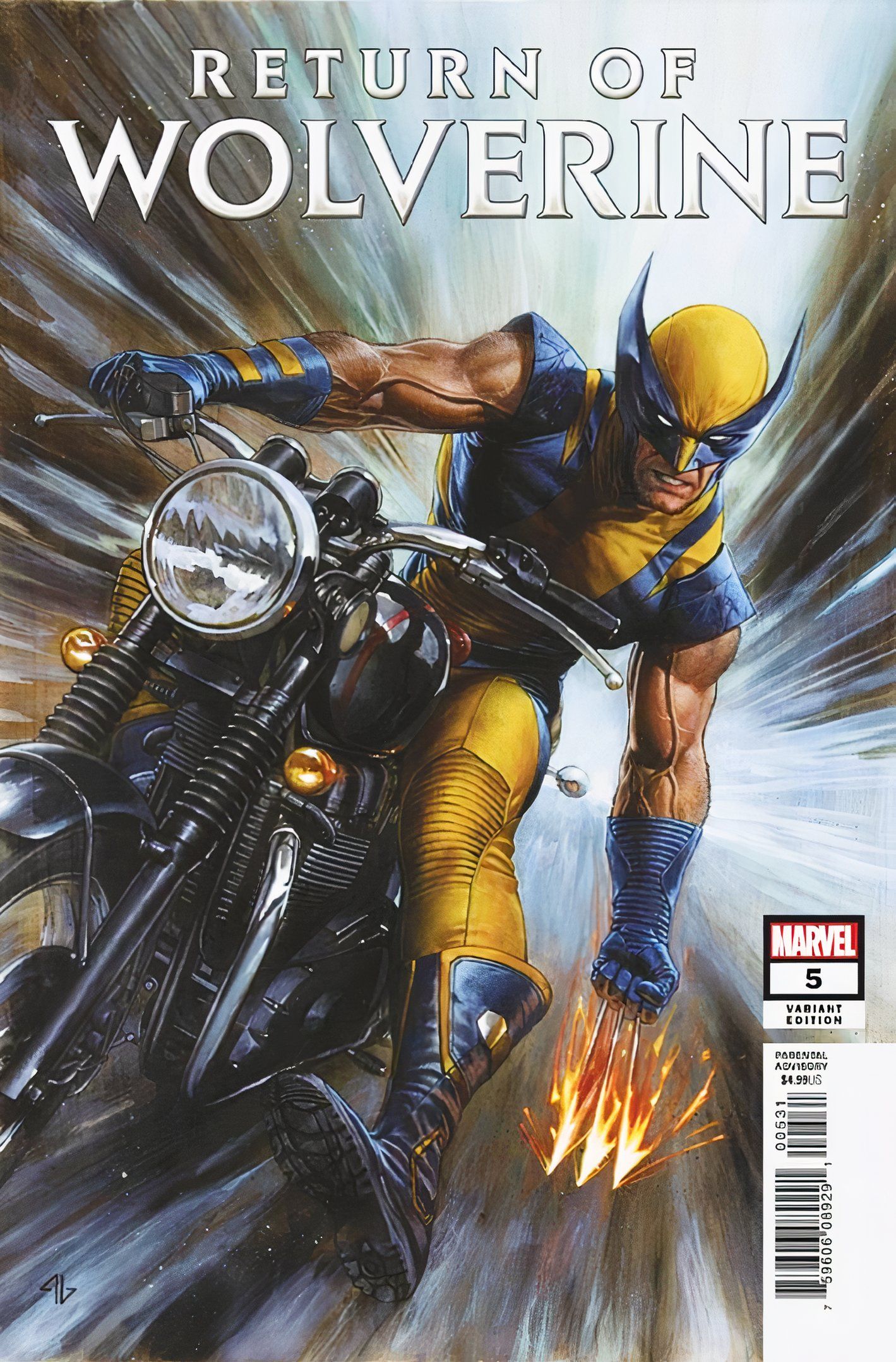 Retorno de Wolverine #5, Wolverine em uma motocicleta arrastando suas garras na estrada, gerando faíscas