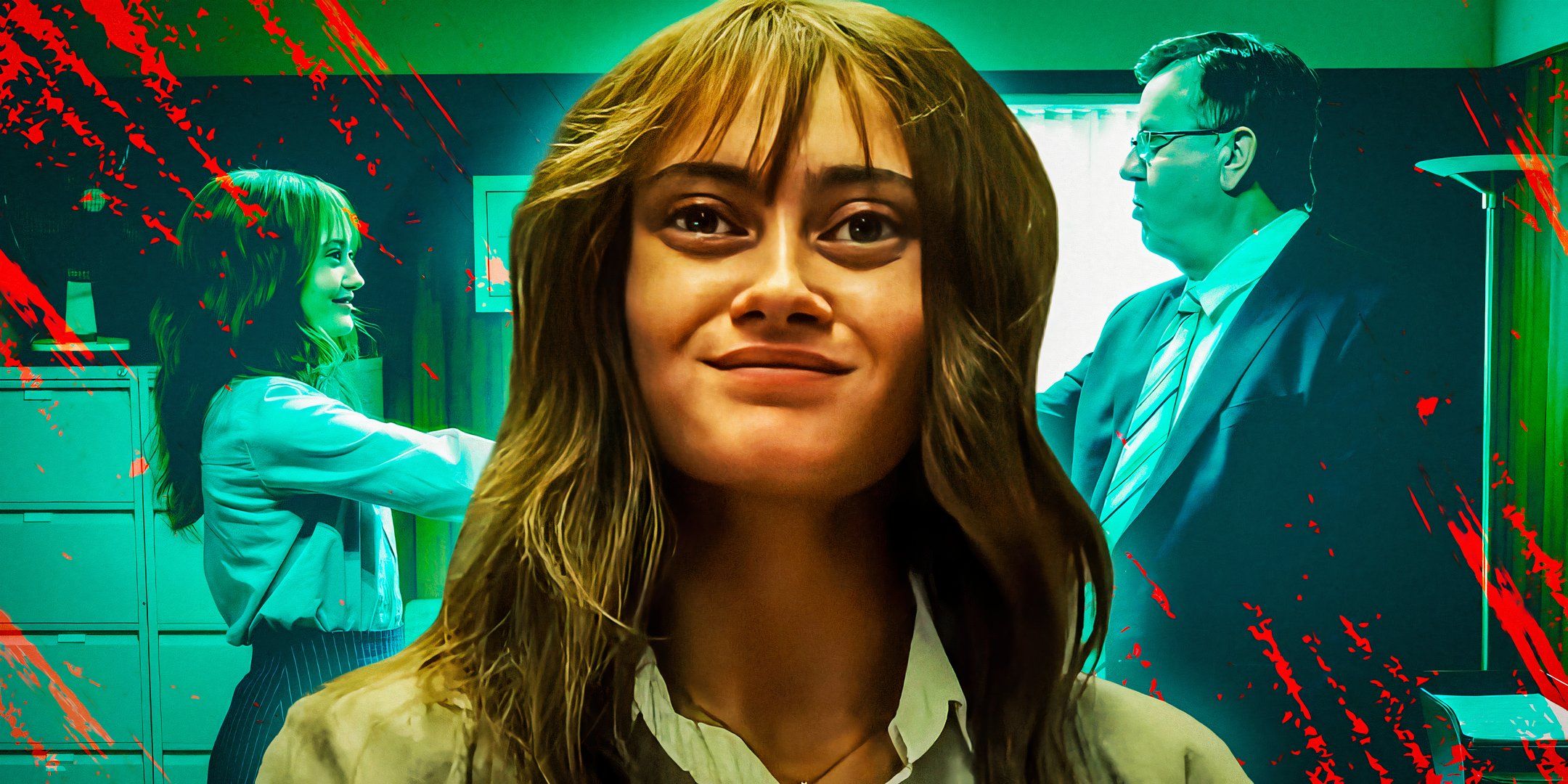 Rhiannon Lewis (Ella Purnell) smiling with Rhiannon shaking Norman&rsquo;s (Jeremy Swift) hand in the background in Sweetpea