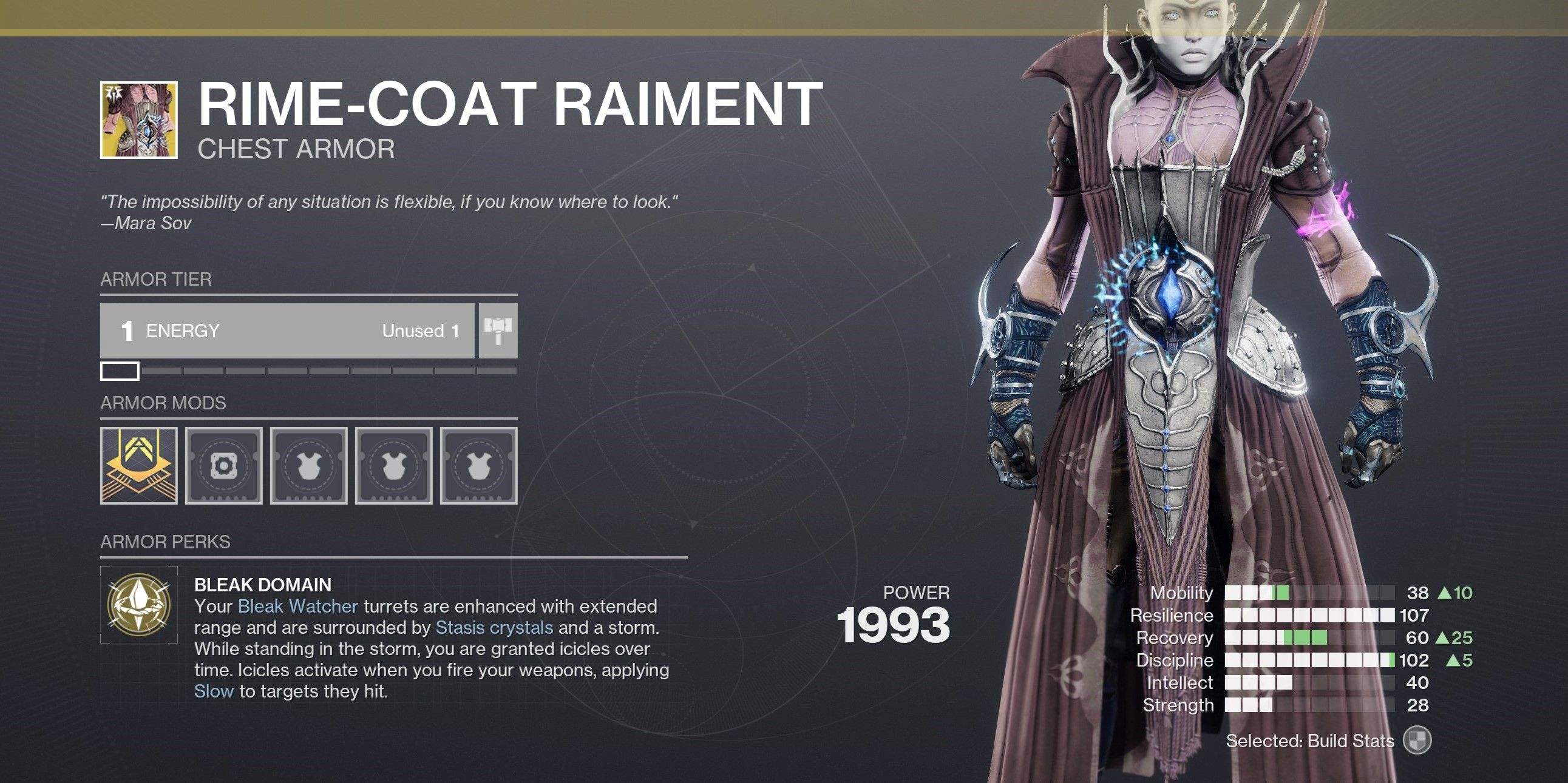 Menú de armadura exótica Rime-Coat Raiment en Destiny 2