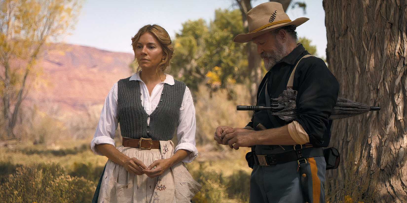 Frances Kittredge (Sienna Miller) and Sgt. Major Thomas Riordan speaking in Horizon: An American Saga - Chapter 1