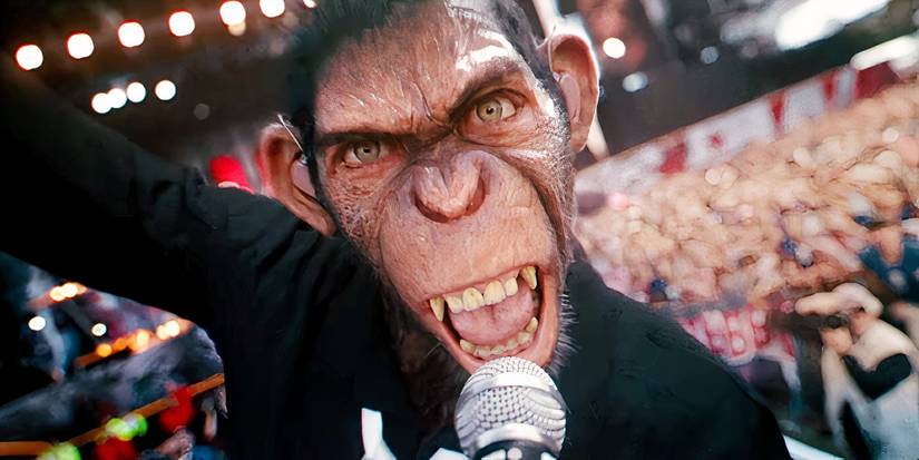 Robbie Williams as a CGI Monkey screaming into a microphone at a concert in Better Man