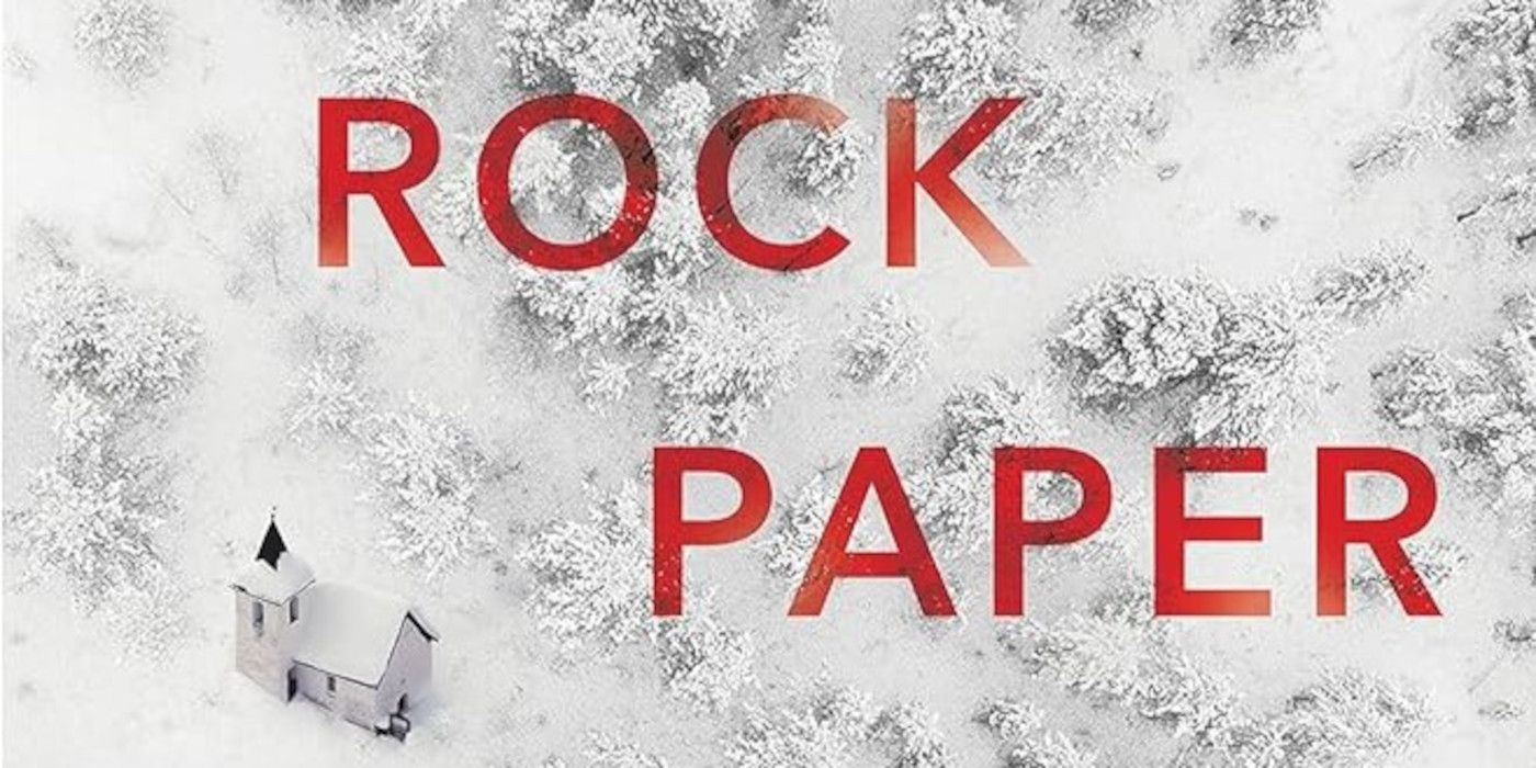 Rock Paper Scissors Cover featuring the title text in red against a snowy background with a building and trees