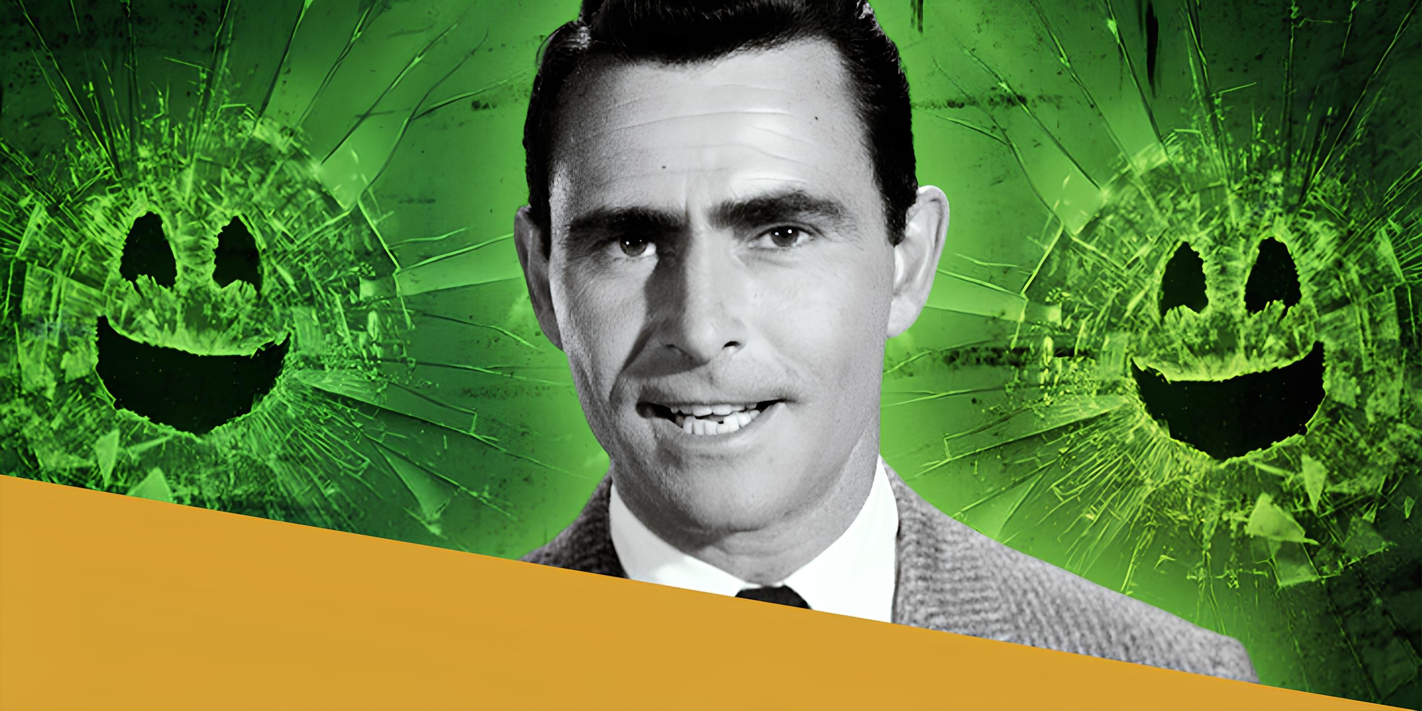 Rod Serling in Twilight Zone Next to two Black Mirror Smiley Face Glass Logos