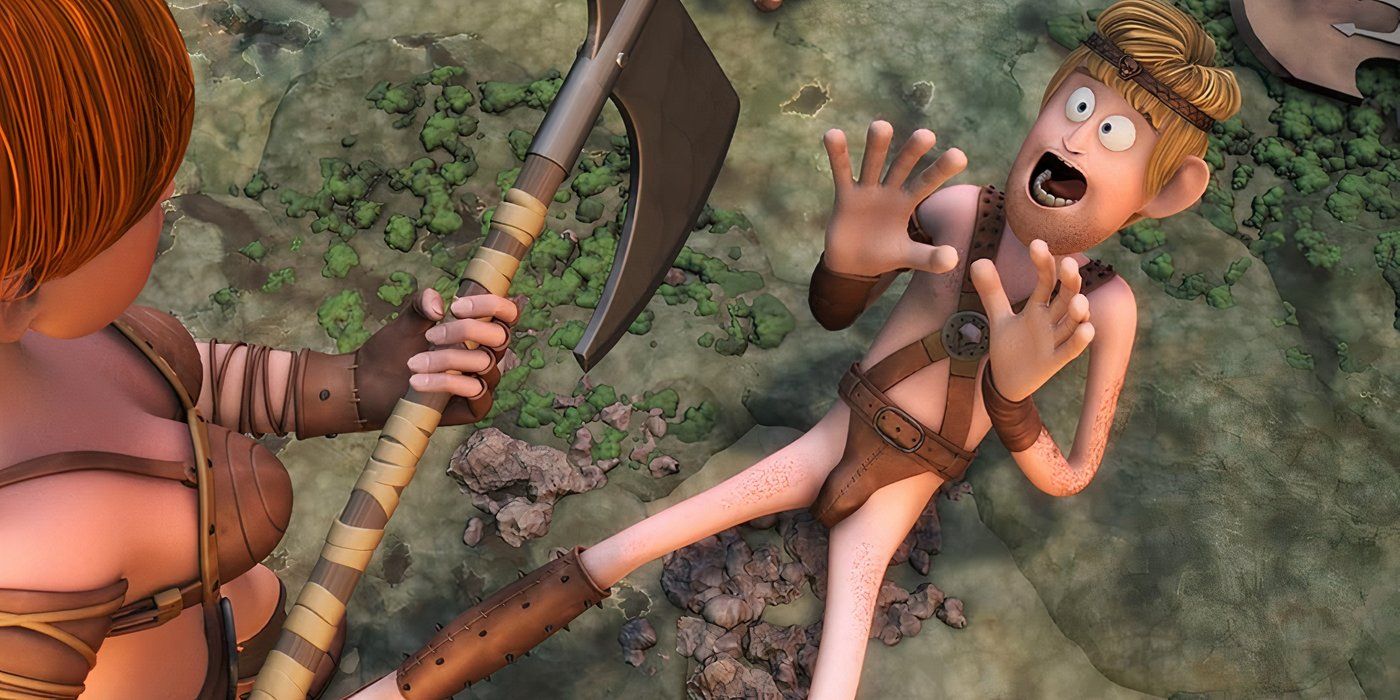 A still of a warrior on the ground pleading for his life from the 2011 adult animated movie Ronal the Barbarian