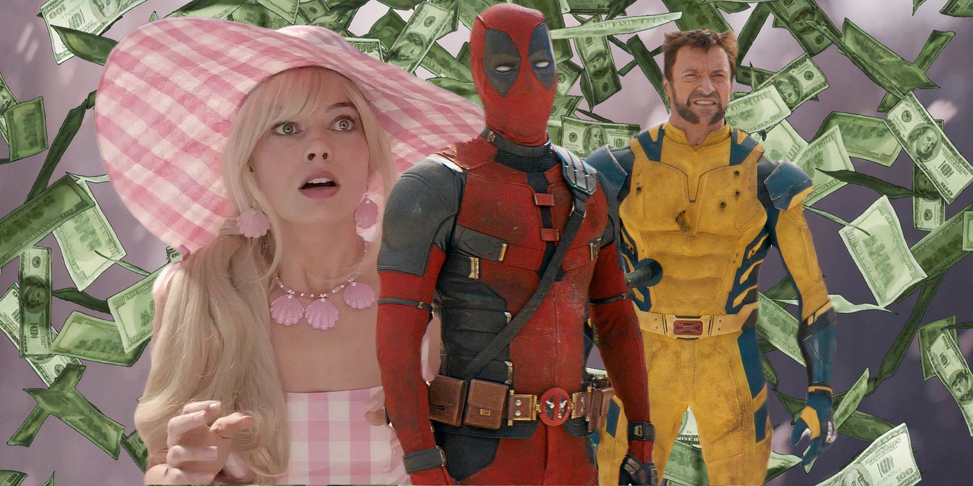 Ryan Reynolds (Deadpool), Hugh Jackman (Wolverine), and Margot Robbie (Barbie) surrounded by falling money custom image