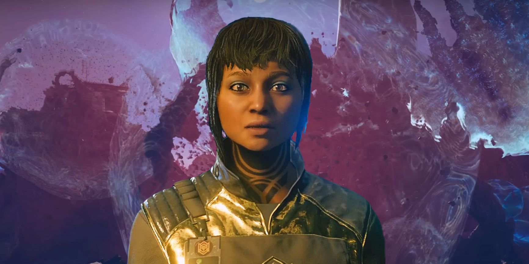 Sahima looking worried in front of a rocky backdrop from Shattered Space.