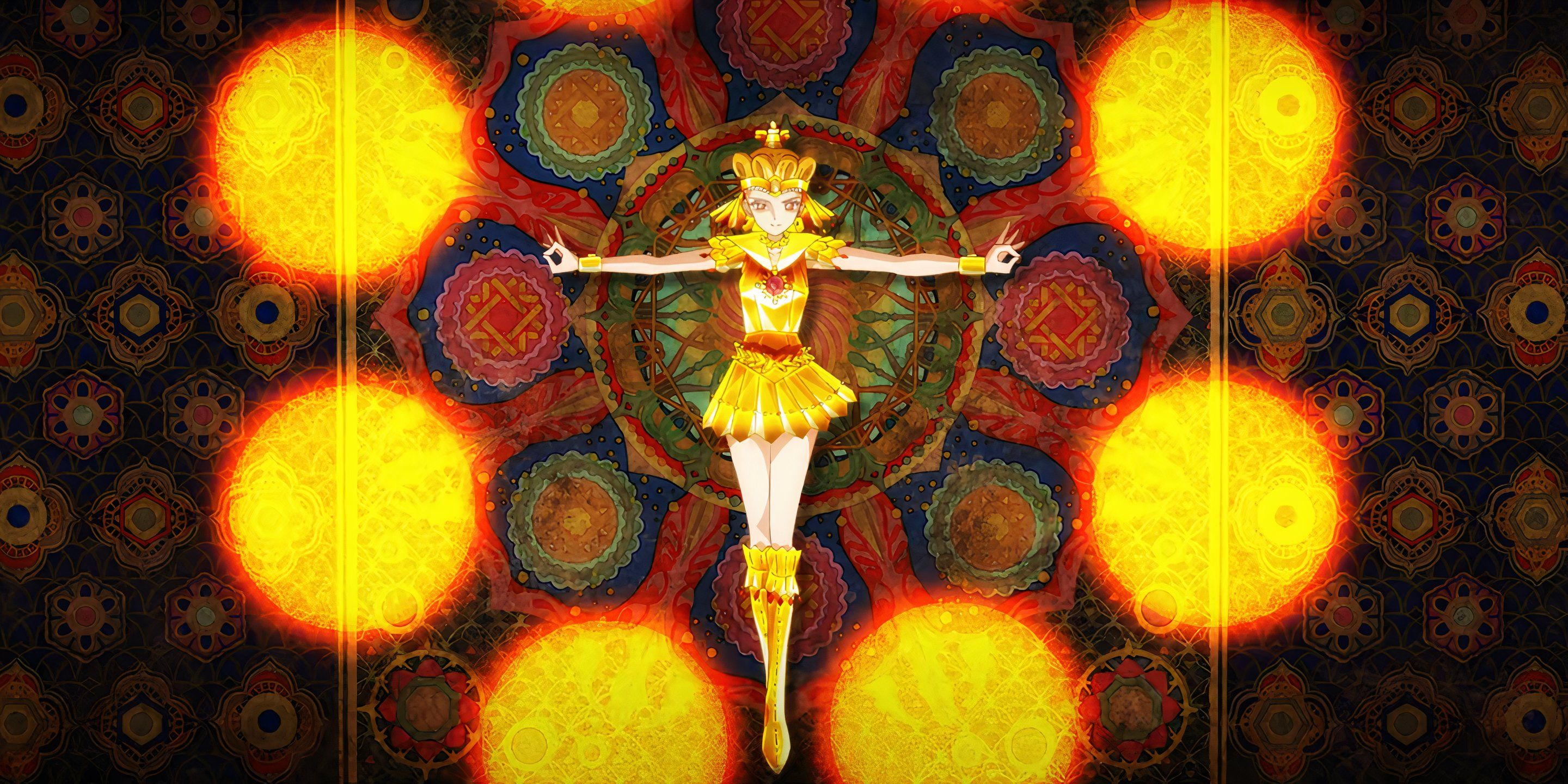 Sailor Galaxia floats before an intricate background and powers up her energy attack with golden orbs surrounding her body.