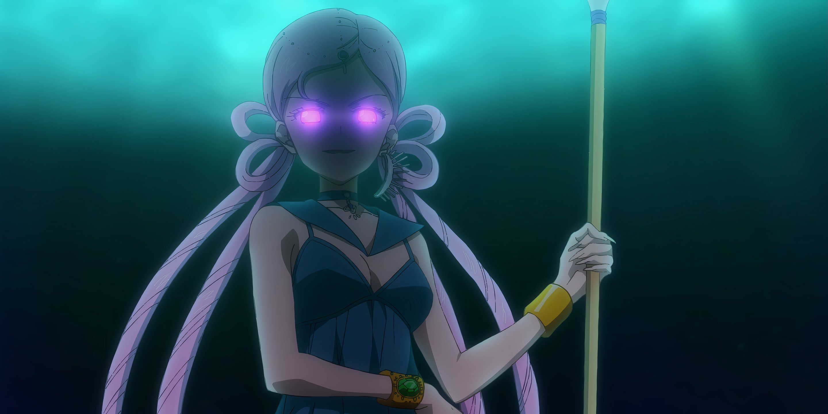 Sailor Lethe stands with her weapon in hand and her eyes glowing purple.