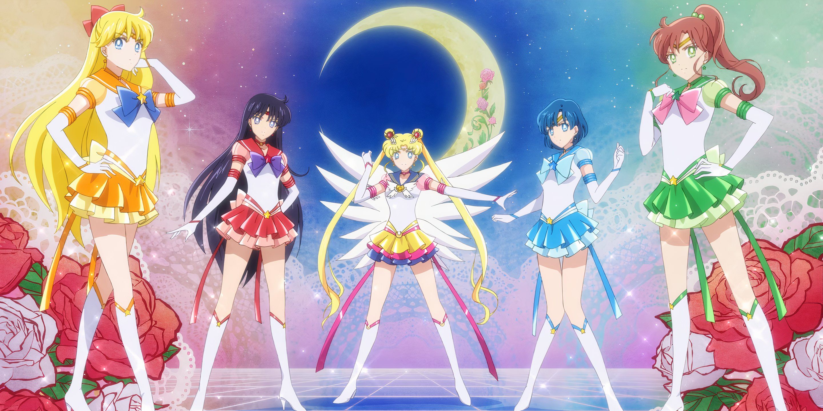 Sailor Moon and her Sailor Guardians stand ready for battle.