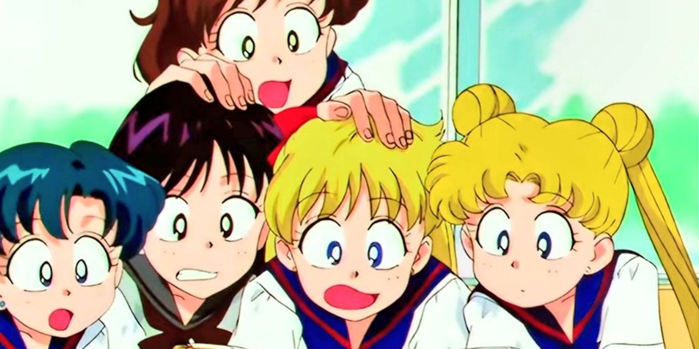 Sailor Moon and the Sailor Scouts react with surprise to something.