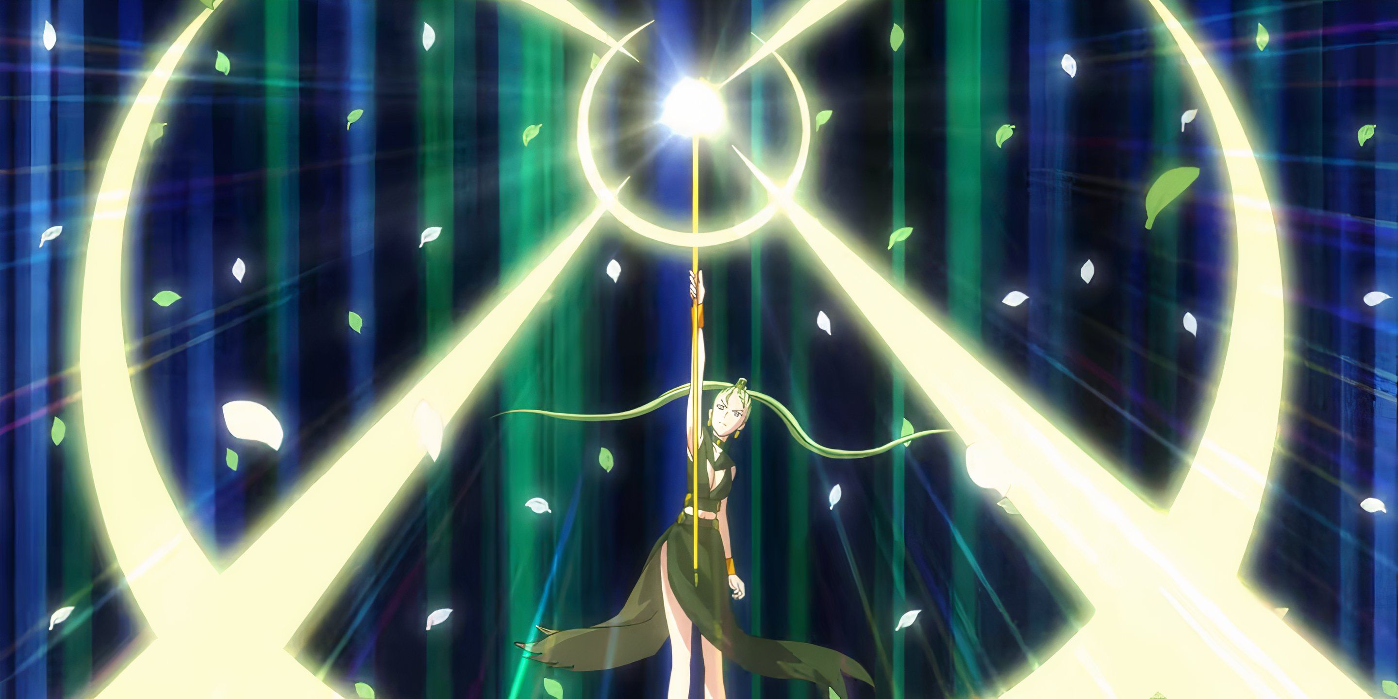 Sailor Phi holds her staff in the air and summons an attack.