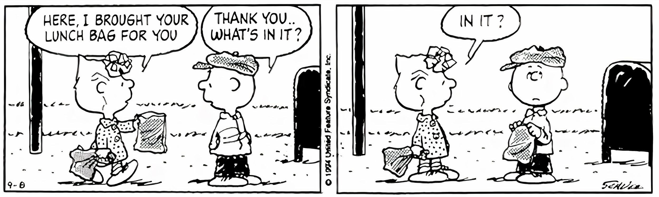 Sally brings Charlie Brown a lunch bag and he asks what's in it. Sally answers: "in this?"