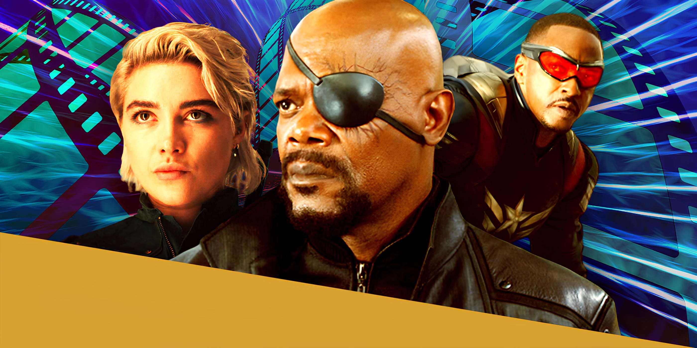 Samuel L Jackson as Nick Fury, Florence Pugh as Yelena Belova, and Anthony Mackie as Falcon in the MCU in Front of Film Strips