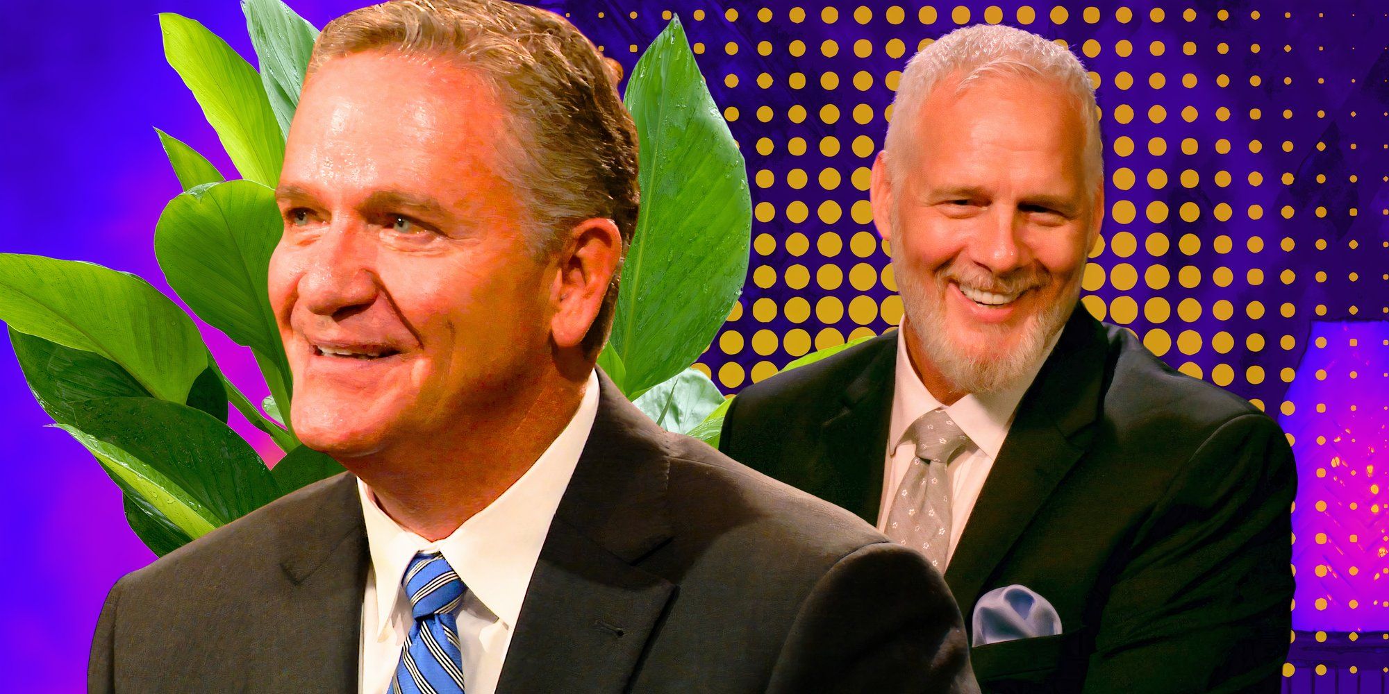 The Golden Bachelorette's Chock Chapple looking up and smiling with a plant behind him with Mark anderson smiling