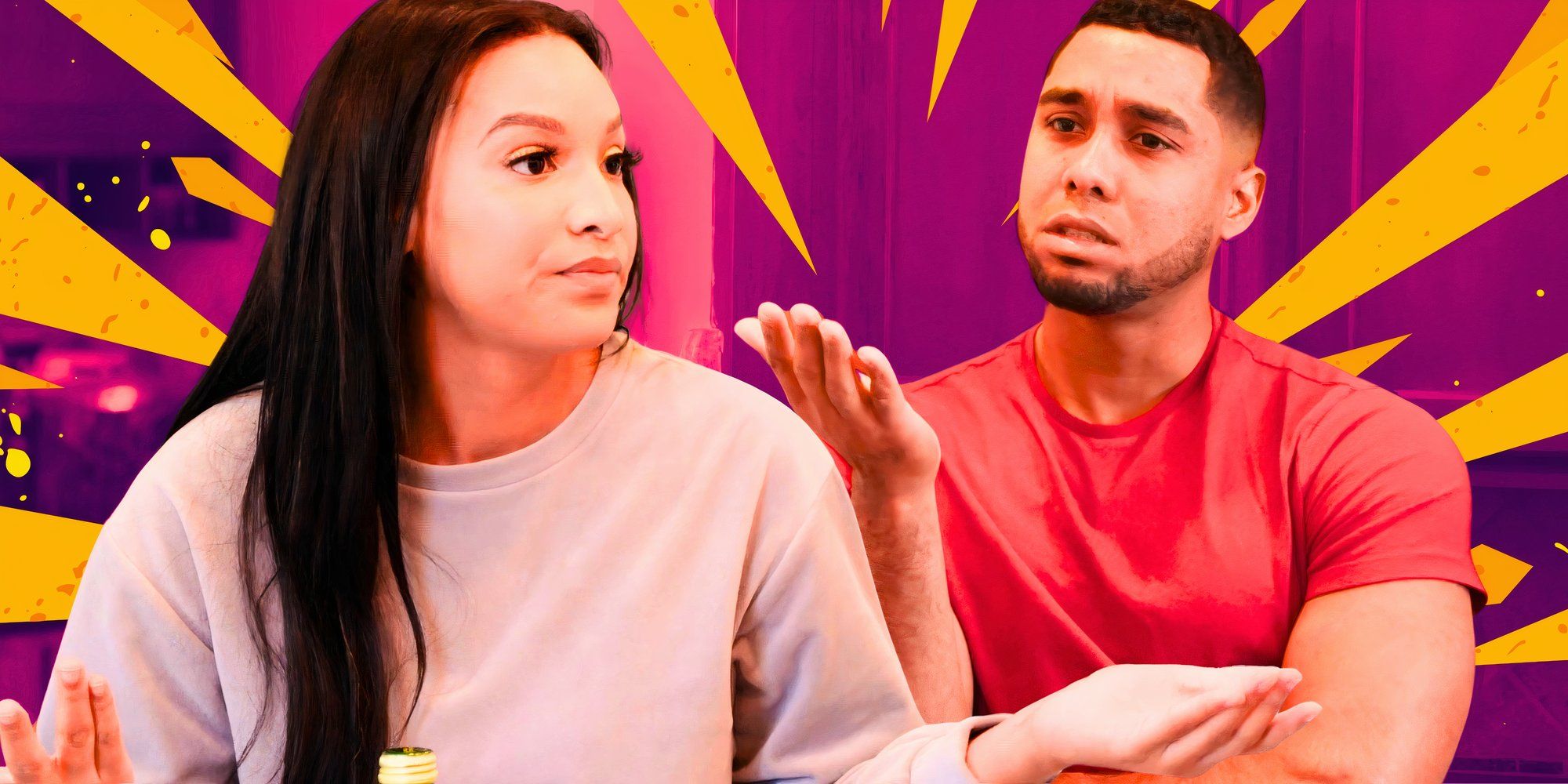 The Family Chantel's Pedro Jimeno and Chantel Everett seemingly arguing with purple and yellow background